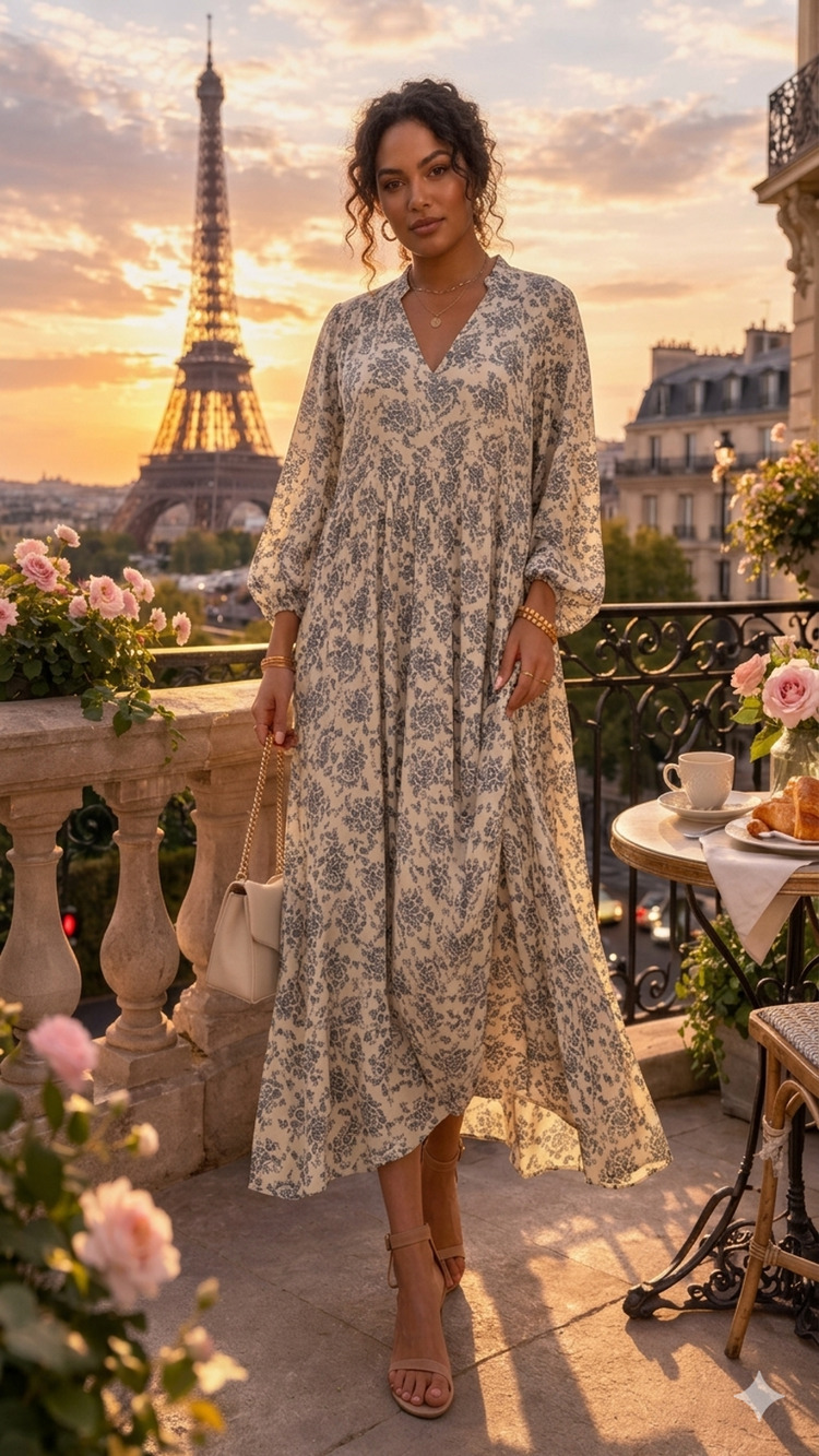 Uniqlo C Relaxed Parisian Style Dress L Romantic Floral Pleated Midi Cream Blue